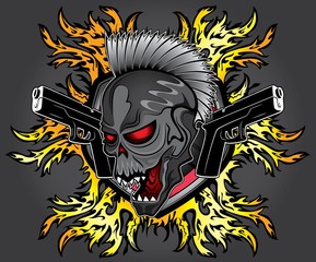 punk robotic skull with  pistol and fire background
