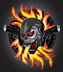 shouting skull with fire and guns