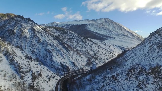 Winter mountain landscape.
Footage over snow covered mountains in a clear day