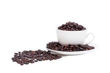 Coffee beans in coffee mug isolated on white background