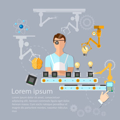 Line on assembly of computers conveyor line and robotic arm