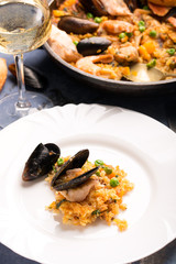 Traditional seafood paella in the pan