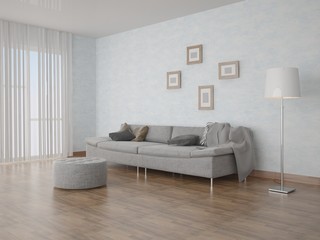 Modern spacious living room with a large sofa.