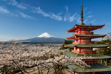 Deurstickers Japan Mount Fuji met pagode en kersenbomen, Japan