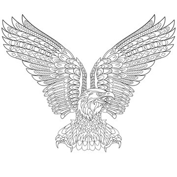 Zentangle stylized cartoon eagle, isolated on white background. Sketch for adult antistress coloring page. Hand drawn doodle, zentangle, floral design elements for coloring book.
