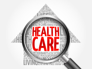 Health care arrow word cloud with magnifying glass, health concept