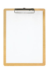 Clipboard with blank white paper on isolated background