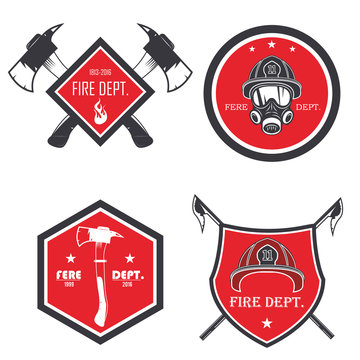 Set of firefighter emblems, labels, badges and logos on light background. vector illustration