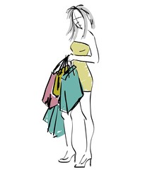 vector illustration of a woman with shopping bags
