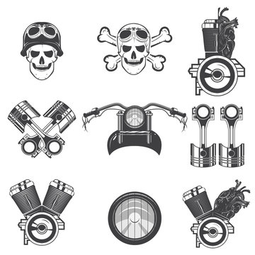 Set of vintage motorcycle emblems, labels, badges, logos and design elements. Monochrome style. vector illustration.