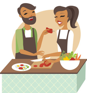 Young couple preparing meal together