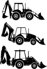 Set of different silhouettes backhoe loaders isolated on white background. Heavy construction and mining machines. Vector illustration.