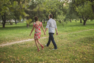 Obraz premium young couple walking in the apple orchard