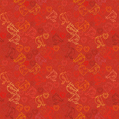 Valentine background. Seamless pattern with hearts and birds in red tones.