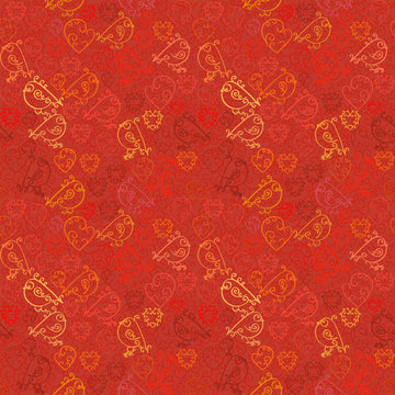 Valentine background. Seamless pattern with hearts and birds in red tones.