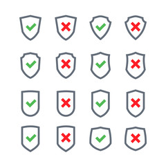 Set of shields with checkmark symbol in flat design style isolat