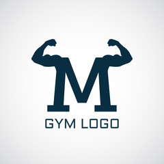 Abstract graphic illustration with silhouettes of muscles nd letter M. Real mn. Gym logo
