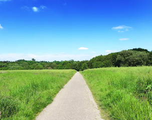 Idyllic footpath through fields and forest, nature background. Country road or street through an idyllic landscape in summer. Forest, fields and blue sky with copy space.