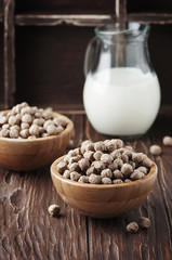 bran and milk for breakfast on the wooden table