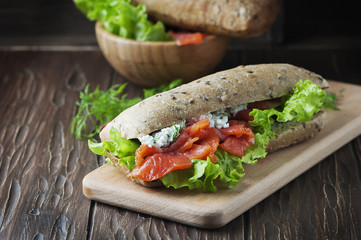 Healthy sandwich with cheese and salmon