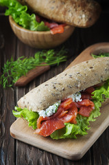 Healthy sandwich with cheese and salmon