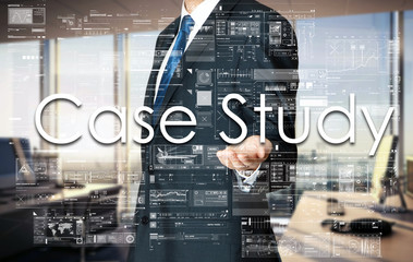 Fototapeta na wymiar Businessman presenting text Case Study on virtual screen