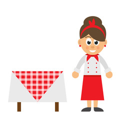 cartoon woman chef and table