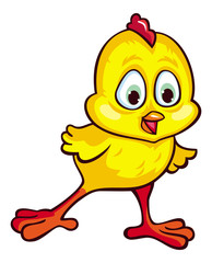 Funny yellow chicken on a white background. Vector clip art.
