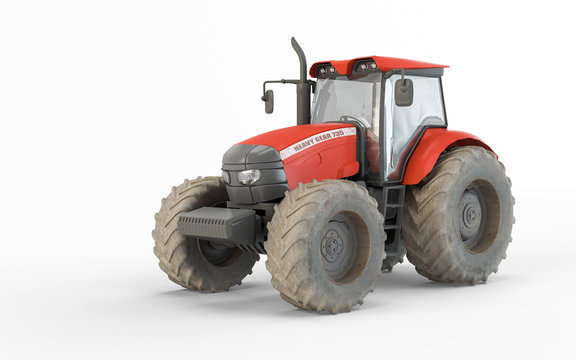 Agricultural red tractor isolated on white background