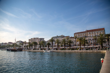 Fototapeta na wymiar City of Split in Croatia, houses and palms at harbor.