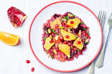 Quinoa chilantro beet pistachio pomegranate salad