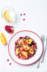 Quinoa chilantro beet pistachio pomegranate salad