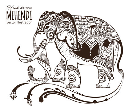 Hand-drawn mehendi elephant.  Ethnic african, indian, totem tatoo design.