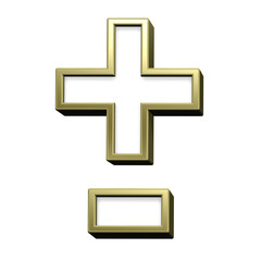 Hyphen, minus, plus marks from white with gold shiny frame alphabet set, isolated on white....