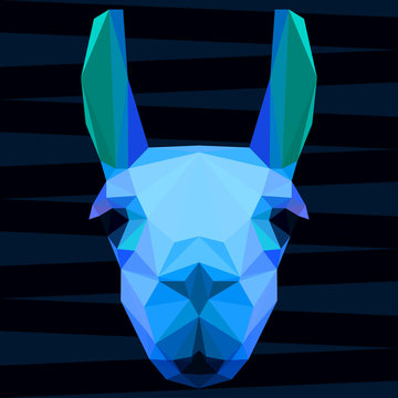 Abstract polygonal geometric bright glaring blue llama portrait