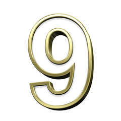 One digit from white with gold shiny frame alphabet set, isolated on white. Computer generated 3D photo rendering.