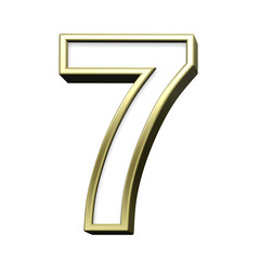 One digit from white with gold shiny frame alphabet set, isolated on white. Computer generated 3D photo rendering.