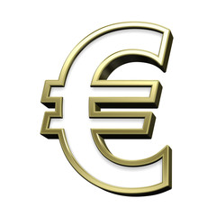 Obraz premium Euro sign from white with gold shiny frame alphabet set, isolated on white. Computer generated 3D photo rendering.
