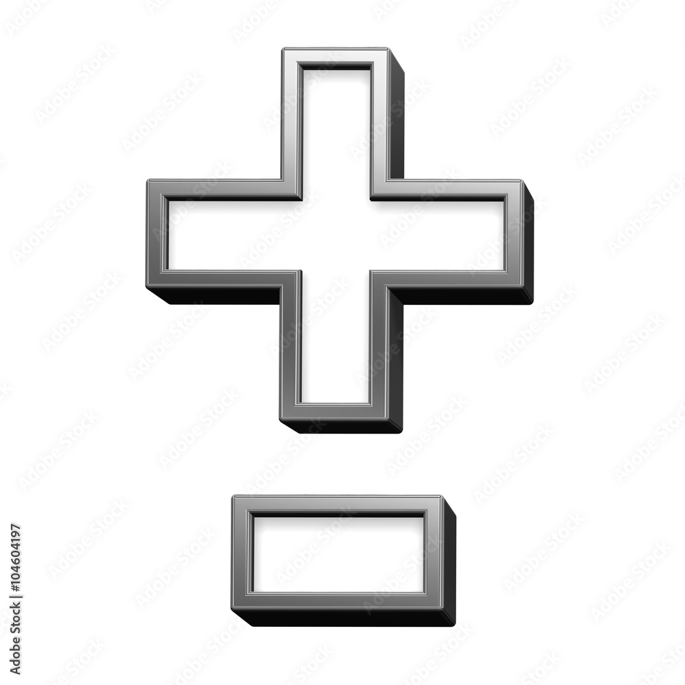 Fototapete hyphen, minus, plus marks from white with silver shiny frame alphabet set, isolated on white. comput