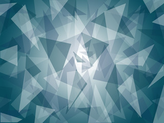 Abstract triangle shapes randomly layered, in dark blue / gray shades with bright center, graphic art, vector illustration in modern contemporary art design. Suitable as background texture pattern. 