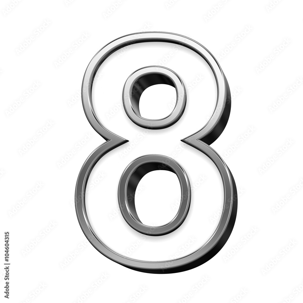 Fototapete One digit from white with silver shiny frame alphabet set, isolated on white. Computer generated 3D photo rendering.