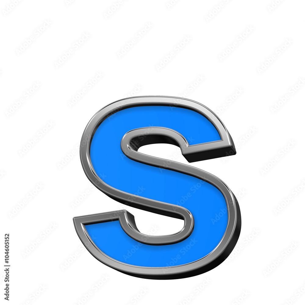 Fototapete one lower case letter from blue with silver shiny frame alphabet set, isolated on white. computer ge