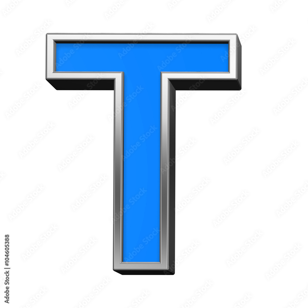 Fototapete One letter from blue with silver shiny frame alphabet set, isolated on white. Computer generated 3D photo rendering.