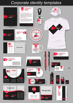 Corporate identity business photorealistic design template. Classic blue stationery template design. Watch, T-shirt, cap, flag, package and Documentation for business. Vector illustration