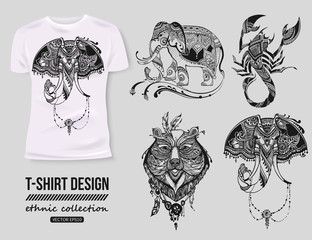 -shirt design with hand-drawn ethnic animals collection, mehendi tatoo style. White isolated t-shirt. Ethnic african, indian, totem tatoo elephant, scorpion, bear vector illustration