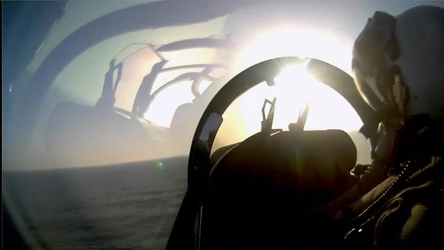 POV Shot Of A Fighter Jet Taking Off From An Aircraft Carrier.