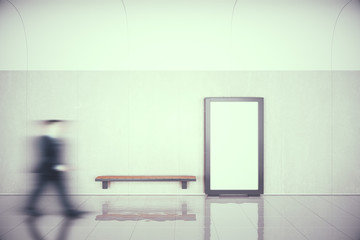 Blank poster, wooden bench and mooving man in empty hall, mock u
