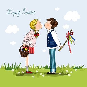 Girl with a basket full of eggs, boy with a whip, a couple on the Easter Monday, European Easter tradition image, Easter greeting card, hand drawn vector illustration