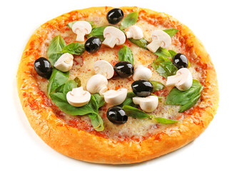 Delicious tasty pizza with vegetables, isolated on white