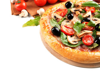 Delicious tasty pizza with vegetables on light background